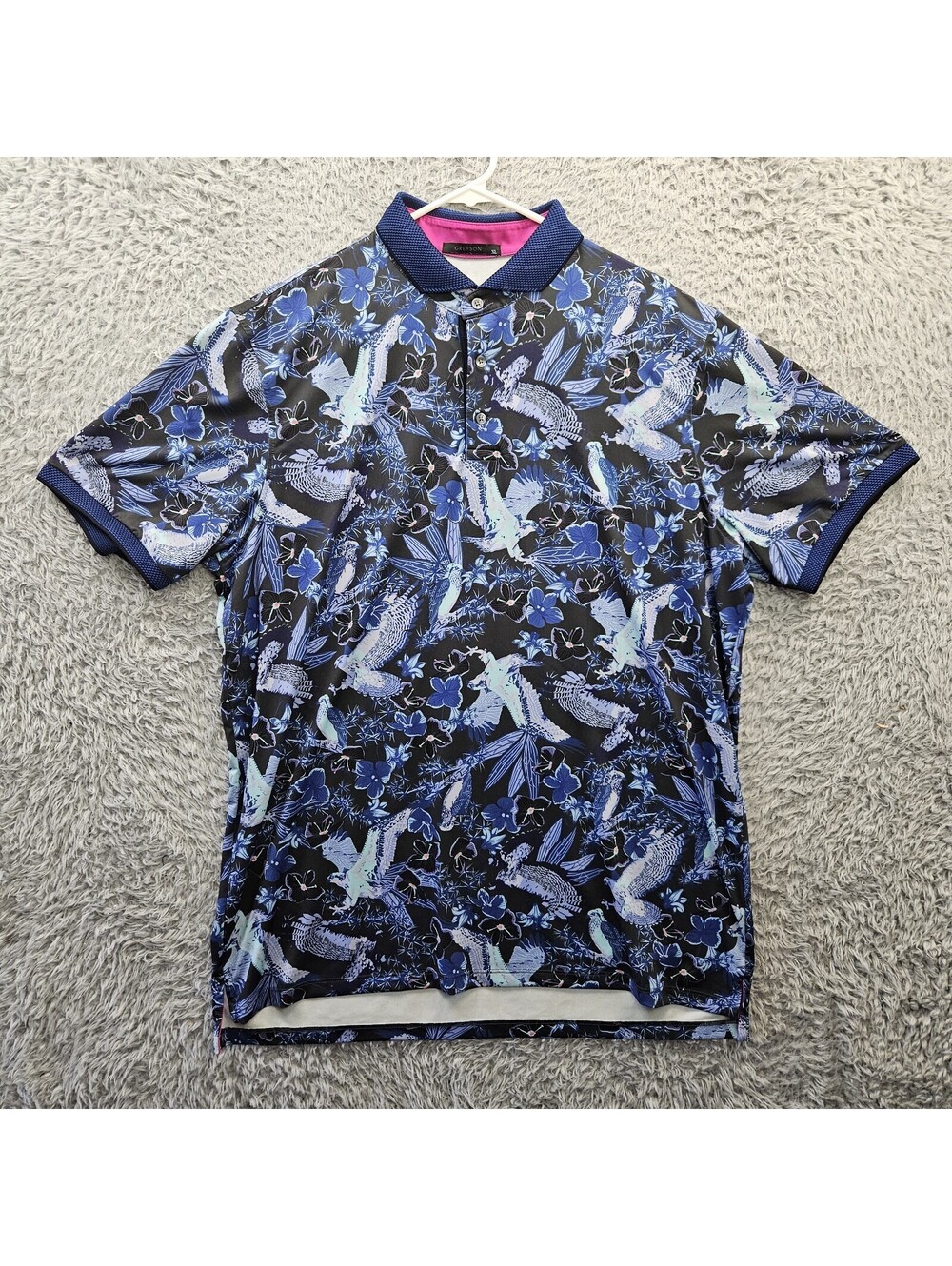 Greyson Performance Golf Polo Shirt XL Blue Hawks Birds Floral Wolf Logo